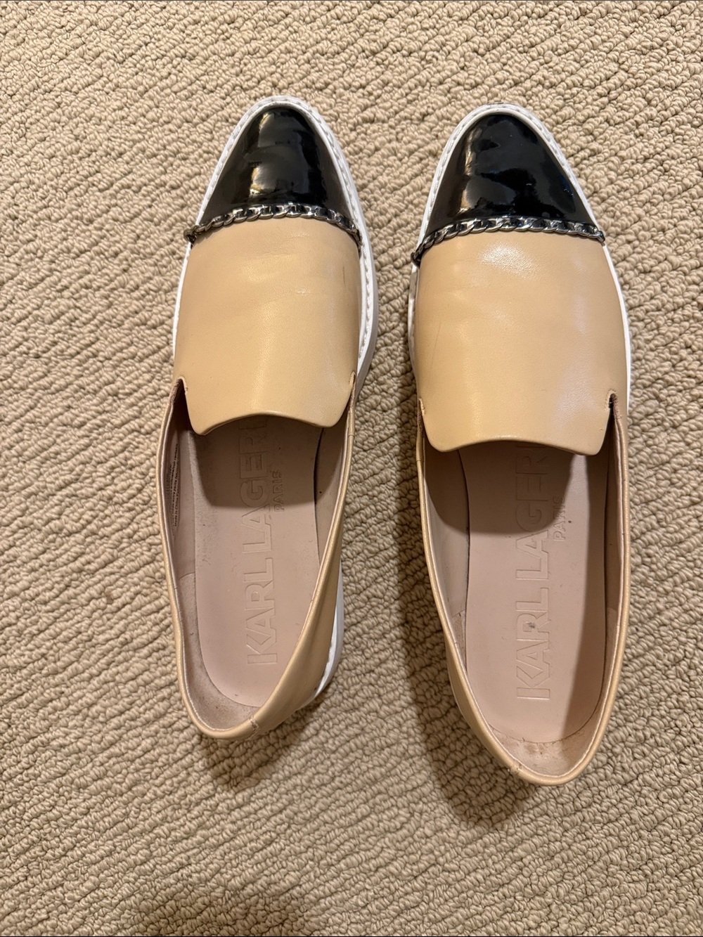 Karl Lagerfeld beige and black patent toe loafers with silver chain